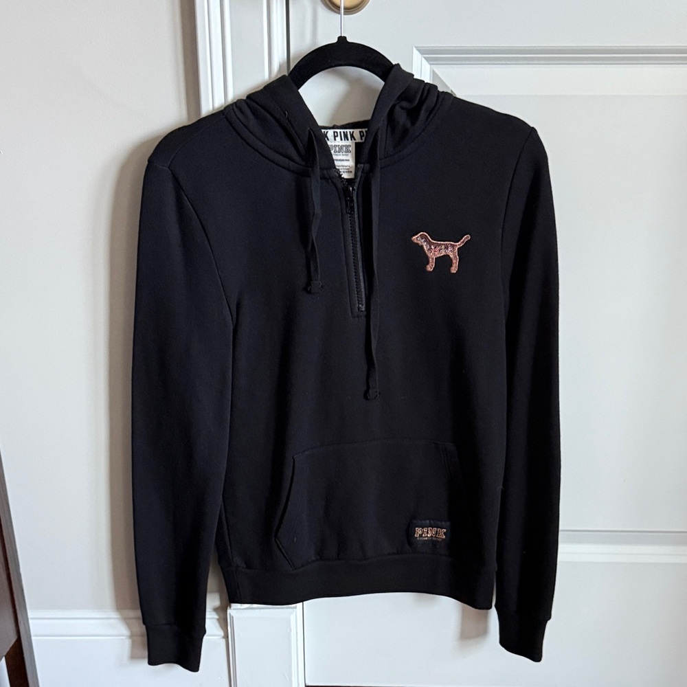 Black PINK Half-Zip Hoodie with Sequin Dog Logo